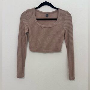 SHEIN Ribbed Long Sleeve Crop Top - Brown